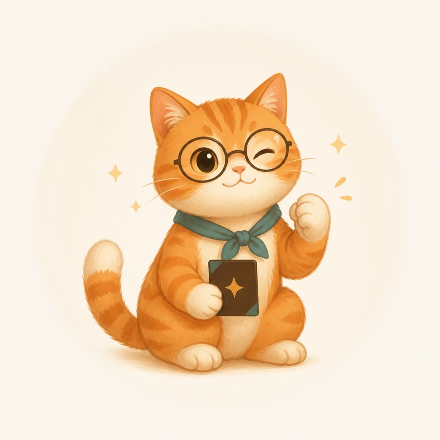 词漫星球学习插图：戴眼镜的橙色猫咪抱着单词卡